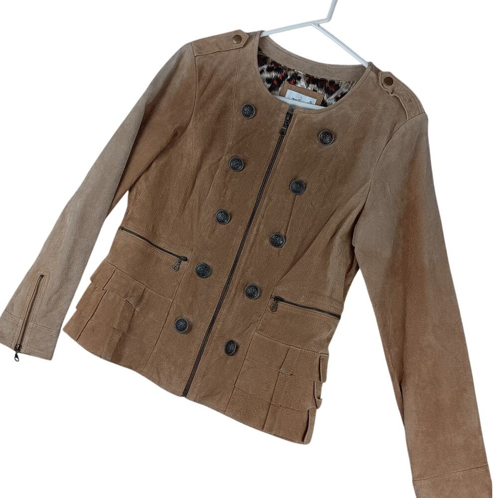 Live a‎ Little Suede Leather Jacket Womens M Faded Tan Biker Stress Faded Ruffle